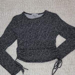 gaze Black & White Microprint Long Sleeve Drawstring Crop Top